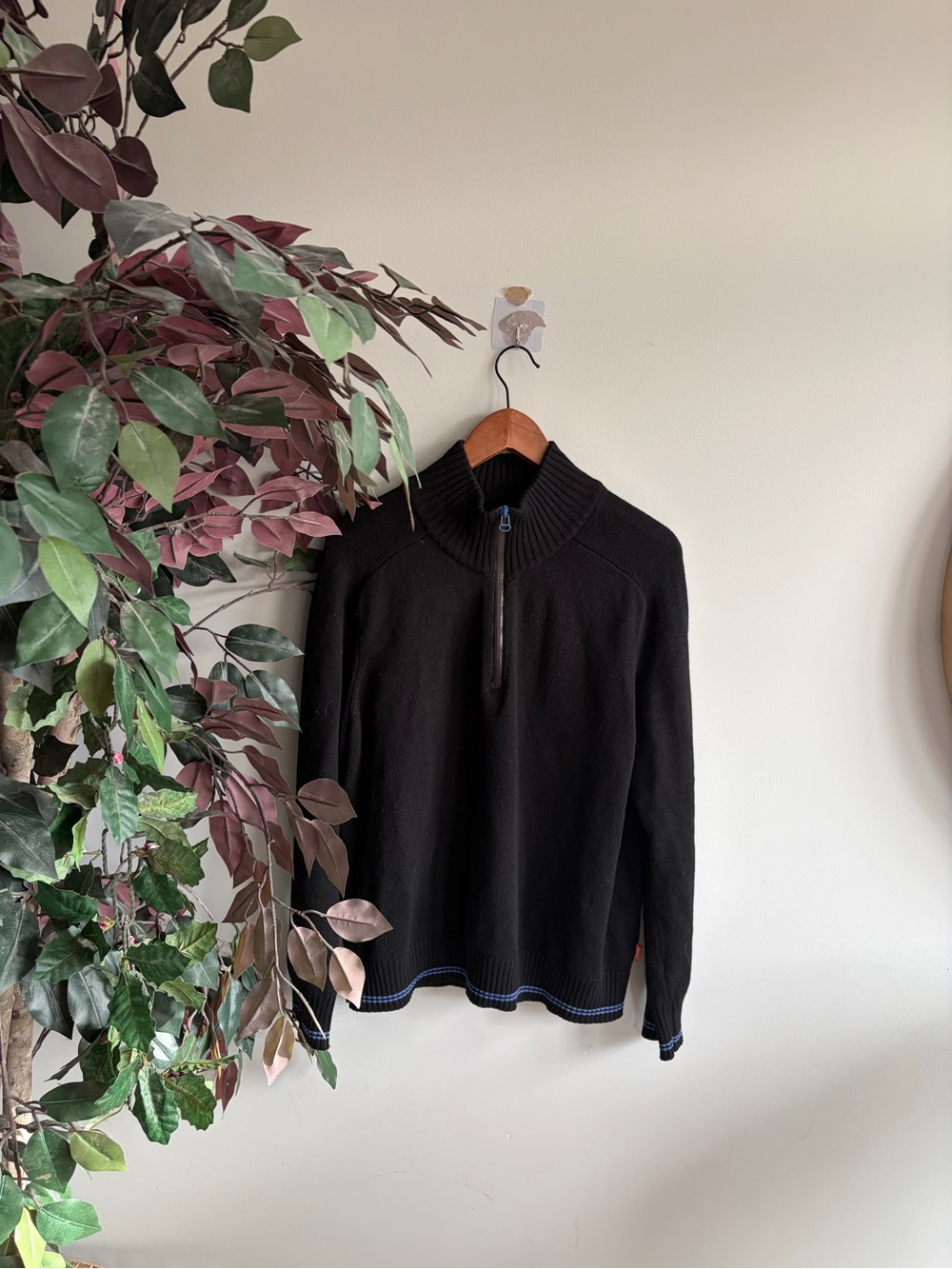 Hugo Boss virgin wool Black Half-Zip Sweater with Blue Trim